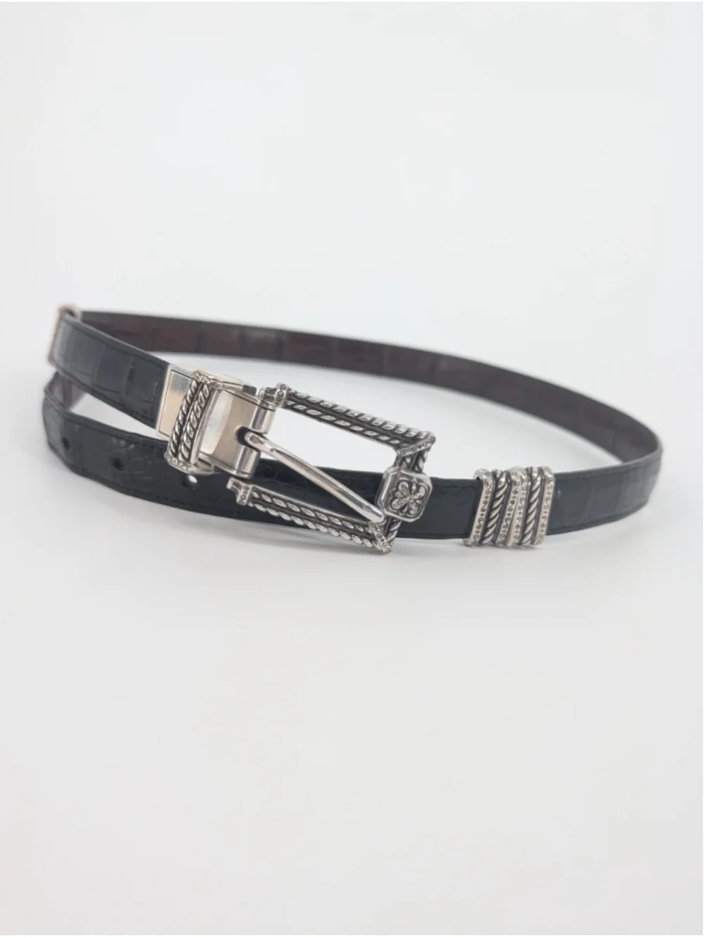 Vintage Brighton Reversible Black Brown Croc Leather Belt Silver Buckle 30-34